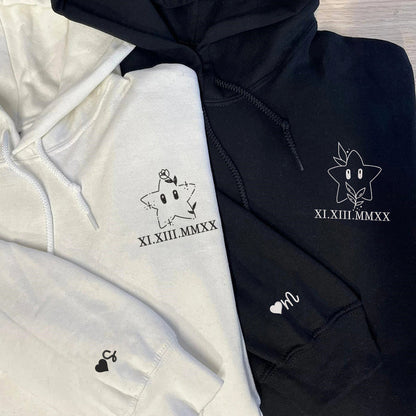 Cute Stars Cartoon Custom Roman Numeral Matching Embroidered Hoodies For Couples