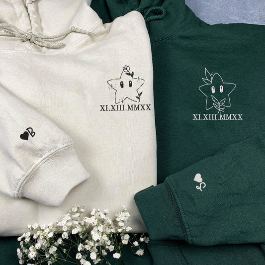 Cute Stars Cartoon Custom Roman Numeral Matching Embroidered Hoodies For Couples