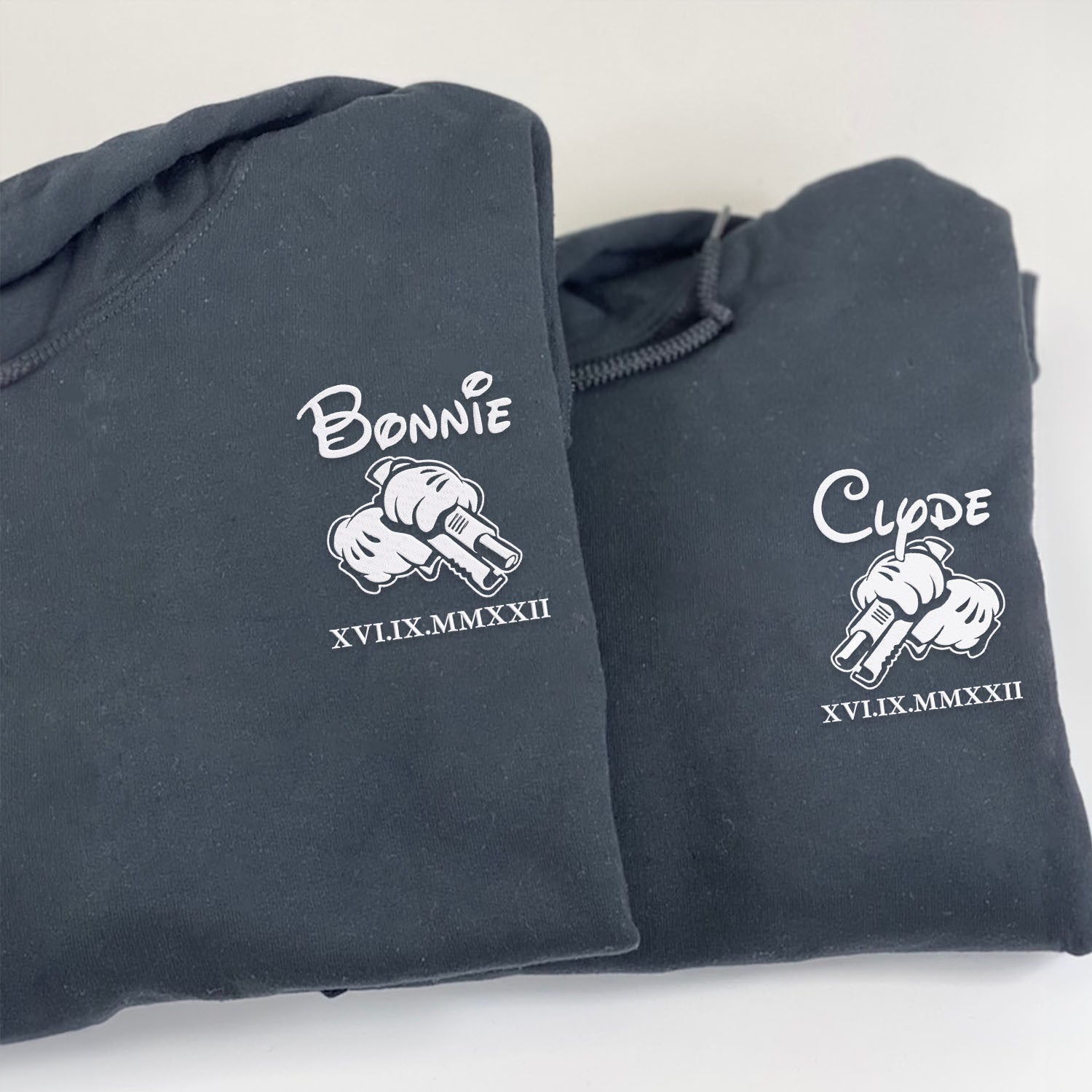 Embroidered Bonnie and Clyde Matching Sets Hoodies with Roman Numerals
