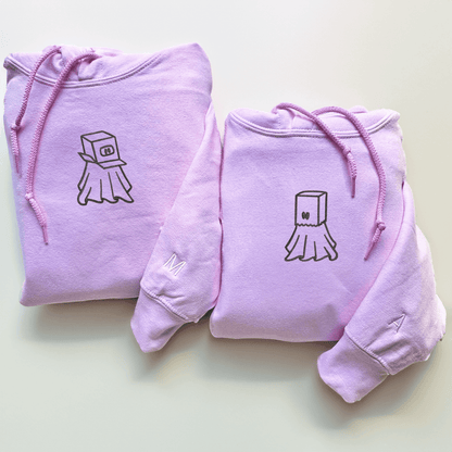 Custom Embroidered Ghost Boxhead & Paperbag Matching Hoodies for Couples