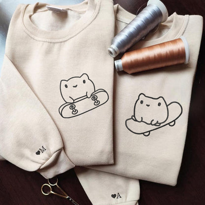 Custom Embroidered Cute Frog Skateboards Matching Hoodies for Couples
