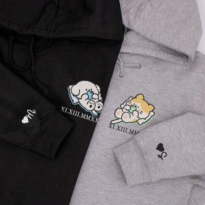 Cat x Dog Custom Roman Numeral Matching Embroidered Hoodies For Couples