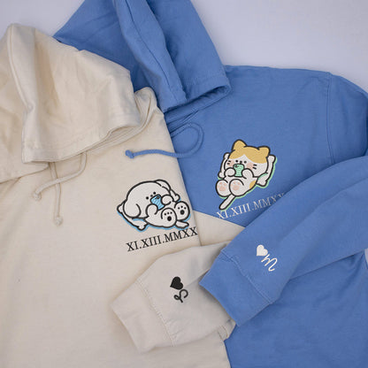 Cat x Dog Custom Roman Numeral Matching Embroidered Hoodies For Couples