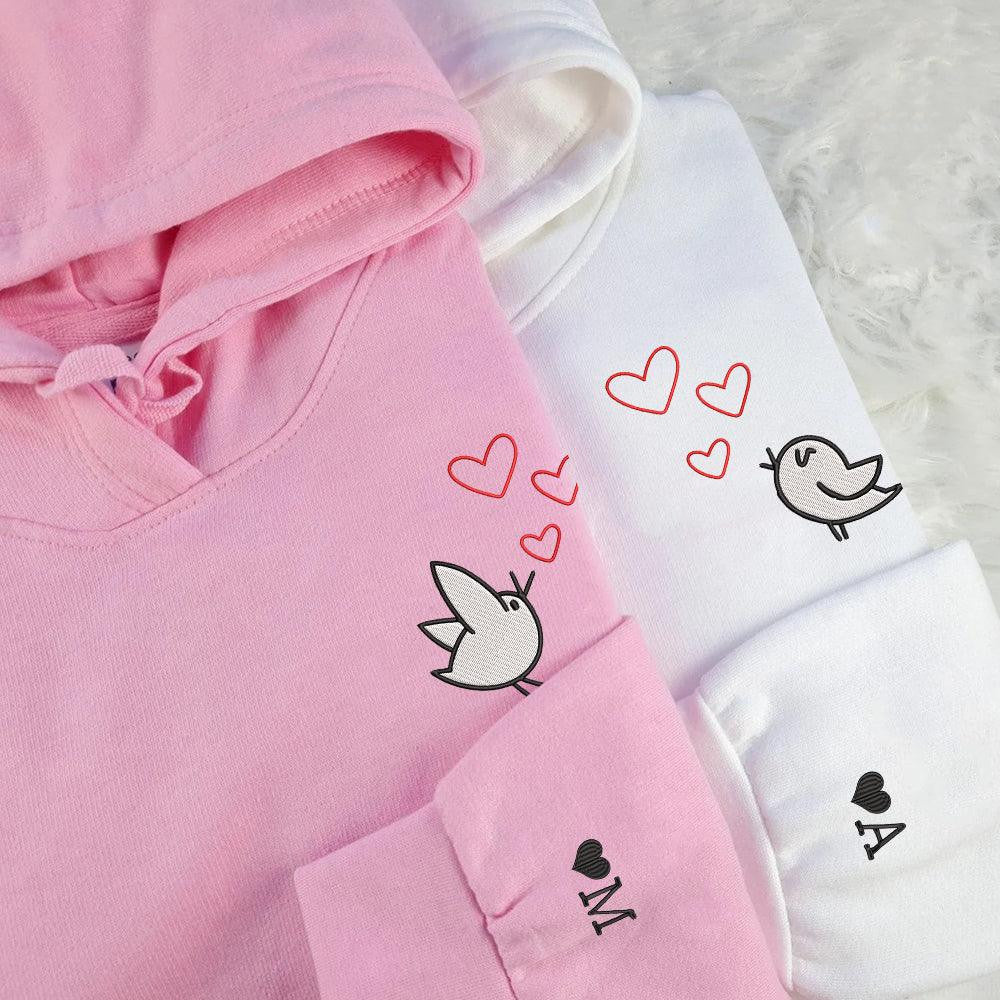 Cute Cartoon Birds Hearts Custom Embroidered Matching Hoodies For Couples