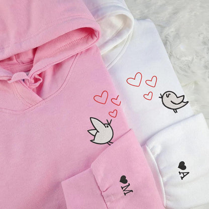 Cute Cartoon Birds Hearts Custom Embroidered Matching Hoodies For Couples