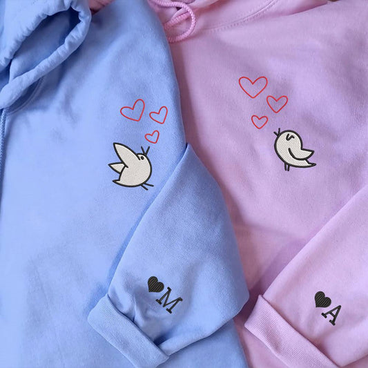 Cute Cartoon Birds Hearts Custom Embroidered Matching Hoodies For Couples