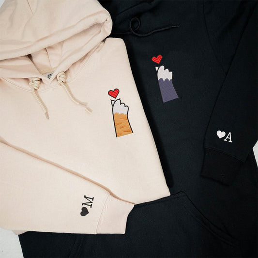 Cat Paw Heart Custom Embroidered Matching Hoodies For Couples