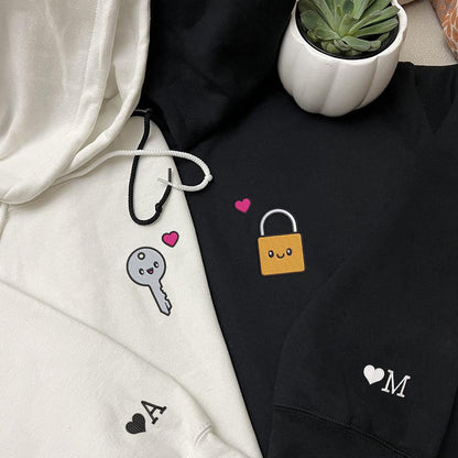 Cute Padlock x Key Custom Embroidered Matching Hoodies For Couples