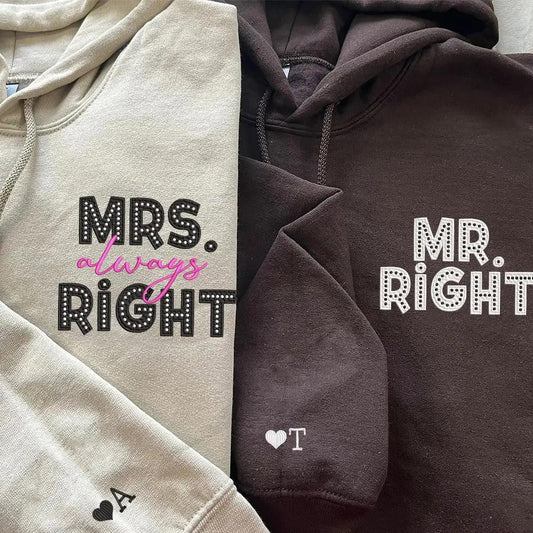 Mr Right x Mrs Always Right Pocket Custom Embroidered Matching Hoodies For Couples