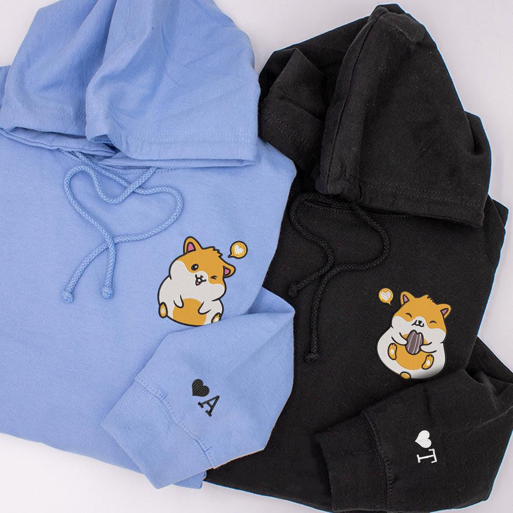 Cute Hamster Heart Custom Embroidered Matching Hoodies For Couples