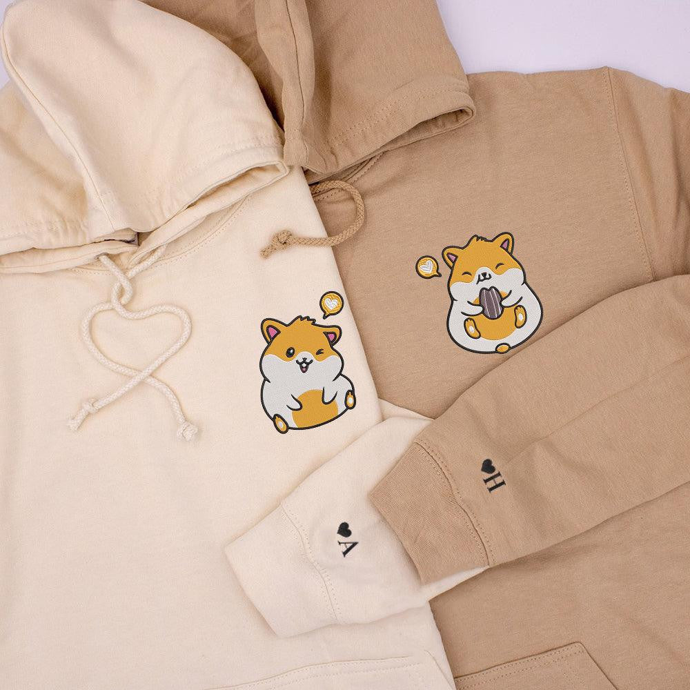 Cute Hamster Heart Custom Embroidered Matching Hoodies For Couples