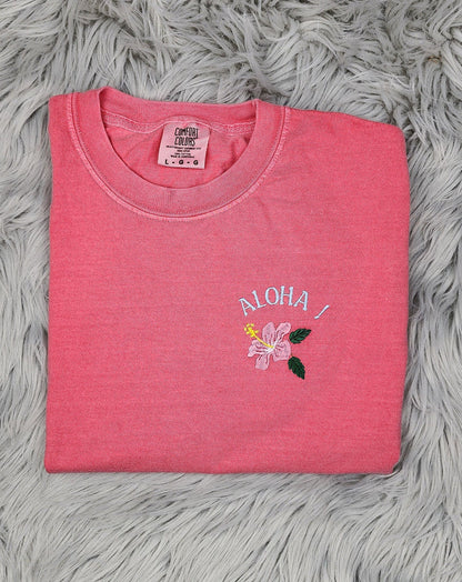 Embroidered Aloha Hawaii Hibiscus flower - Pocket Logo - Hawaii embroidered Unisex T-shirt, Aloha Shirt - Comfort Colors