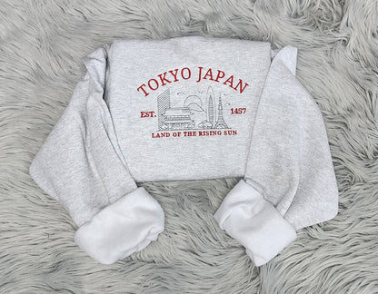Embroidered Tokyo Japan Sweatshirt - Land Of the Rising Sun Sweatshirt - Unisex Sweatshirt or Hooded Sweatshirt