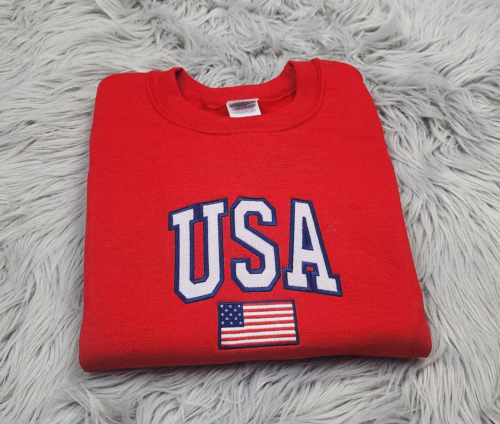 Embroidered USA Unisex Crewneck - USA Flag Sweatshirt -  Embroidered Gift USA