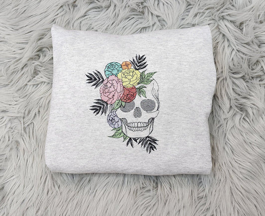 Blooming Skull Embroidered Crewneck - Flower Skull - Embroidered Floral Boho Skull  - T-Shirt - Sweatshirt - Hoodie