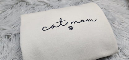 Embroidered Cat Mom Crewneck with Paw Print - Gift For Cat Mama - Cat Mom Crewneck or Hoodie