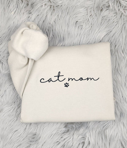 Embroidered Cat Mom Crewneck with Paw Print - Gift For Cat Mama - Cat Mom Crewneck or Hoodie
