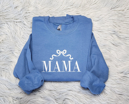 Embroidered Mama with Bow Ribbon Crewneck - Delicate Bow Embroidery - Cute Mama Shirt - Crewneck Sweatshirt or Hoodie - Gift for Her