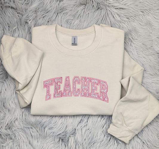 Embroidered Glitter Teacher Crewneck - Gift For Teacher - Appliqu??Embroidery - Best Teacher Unisex Crewneck or Hoodie