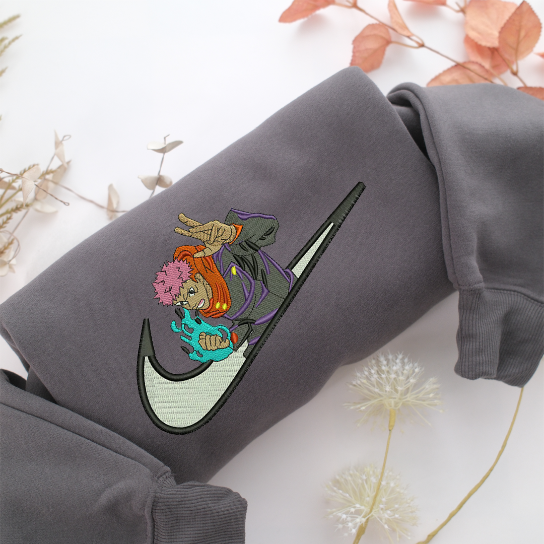 Yuji Itadori Swoosh Nike Embroidered Sweatshirt, Nike Movie Inspired, Valentine's Day Gifts Idea For Him Her