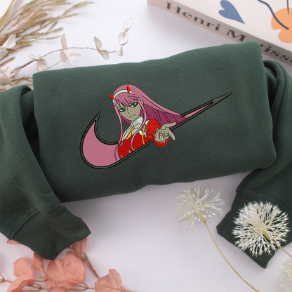 Zero Two Swoosh  Nike Embroidered Sweatshirt, Nike Movie Inspired, Valentine's Day Gifts Idea For Him Her