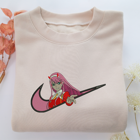 Zero Two Swoosh  Nike Embroidered Sweatshirt, Nike Movie Inspired, Valentine's Day Gifts Idea For Him Her