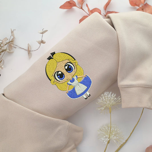 Chibi Alice Embroidery, Disneyland Embroidered Sweatshirt, Movie Disney Inspired, Valentine's Day Gifts Idea For Him Her