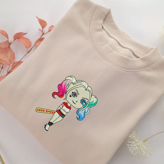 Chibi Harley Quinn Embroidery, Disneyland Embroidered Sweatshirt, Movie Disney Inspired, Valentine's Day Gifts Idea For Him Her