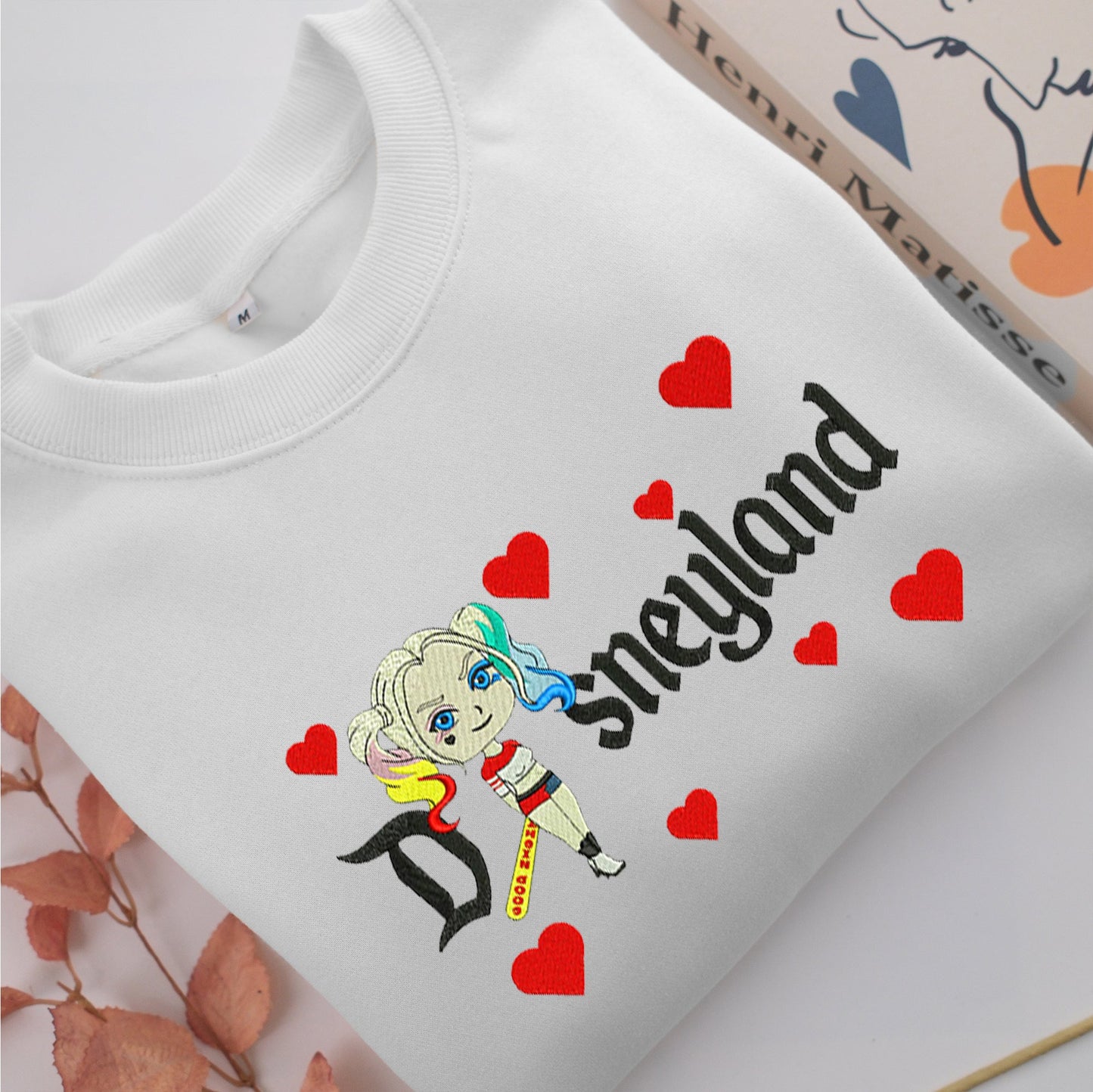 Chibi Harley Quinn Disneyland Embroidery, Disneyland Embroidered Sweatshirt, Movie Disney Inspired, Valentine's Day Gifts Idea For Him Her
