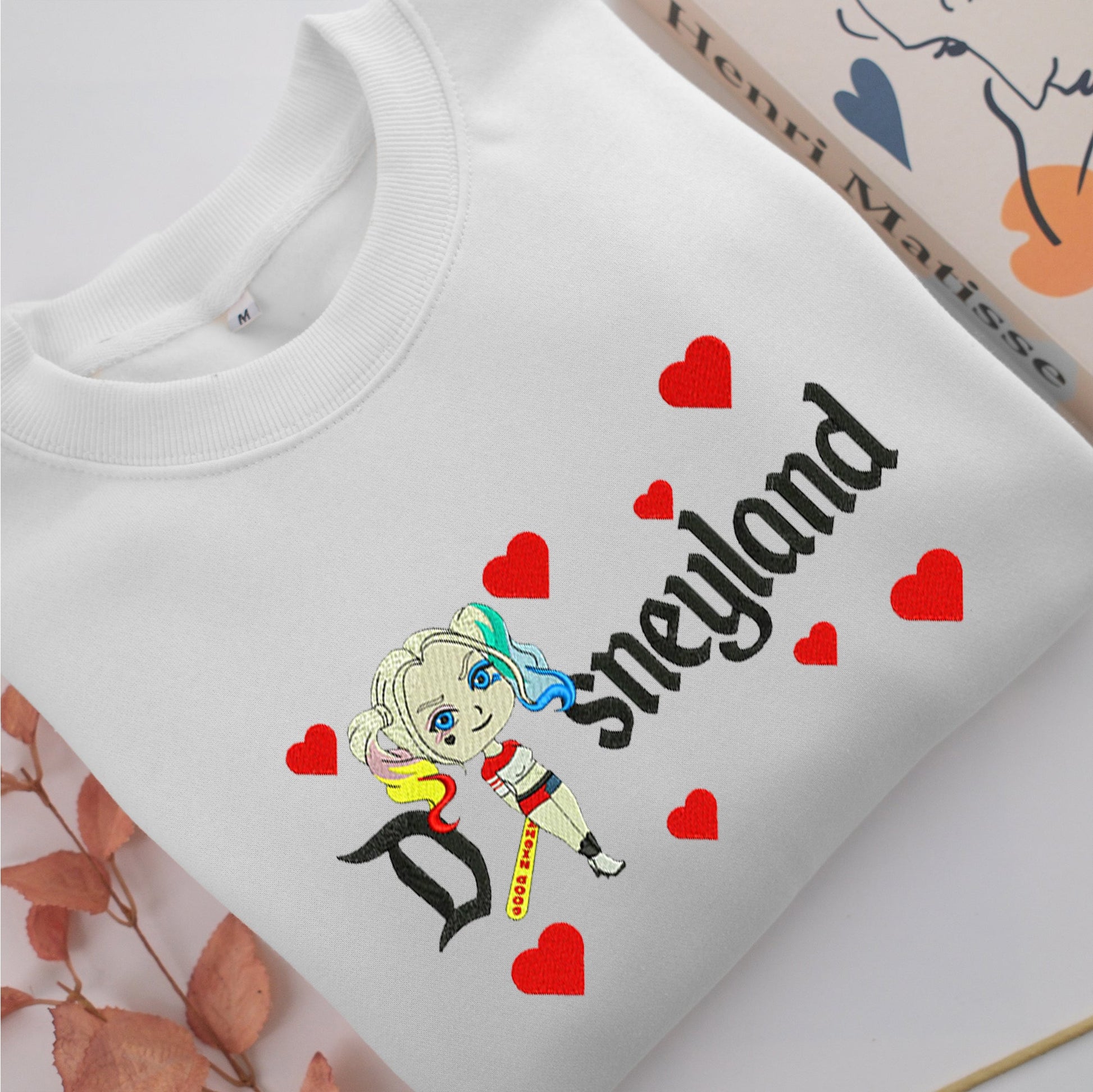 Chibi Harley Quinn Disneyland Embroidery, Disneyland Embroidered Sweatshirt, Movie Disney Inspired, Valentine's Day Gifts Idea For Him Her