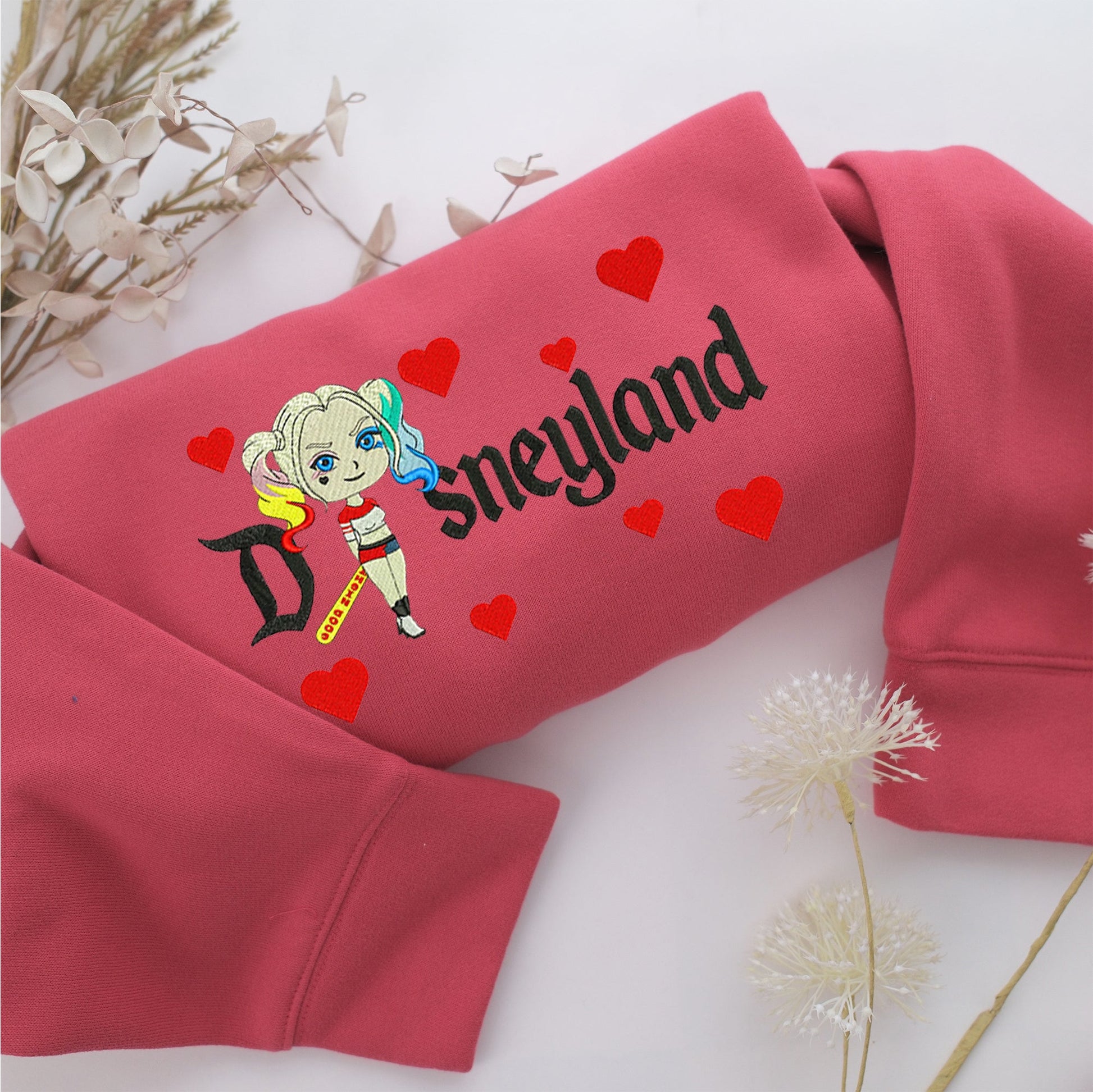 Chibi Harley Quinn Disneyland Embroidery, Disneyland Embroidered Sweatshirt, Movie Disney Inspired, Valentine's Day Gifts Idea For Him Her