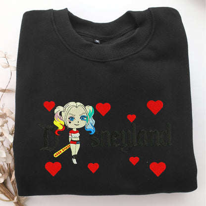 Chibi Harley Quinn Disneyland Embroidery, Disneyland Embroidered Sweatshirt, Movie Disney Inspired, Valentine's Day Gifts Idea For Him Her