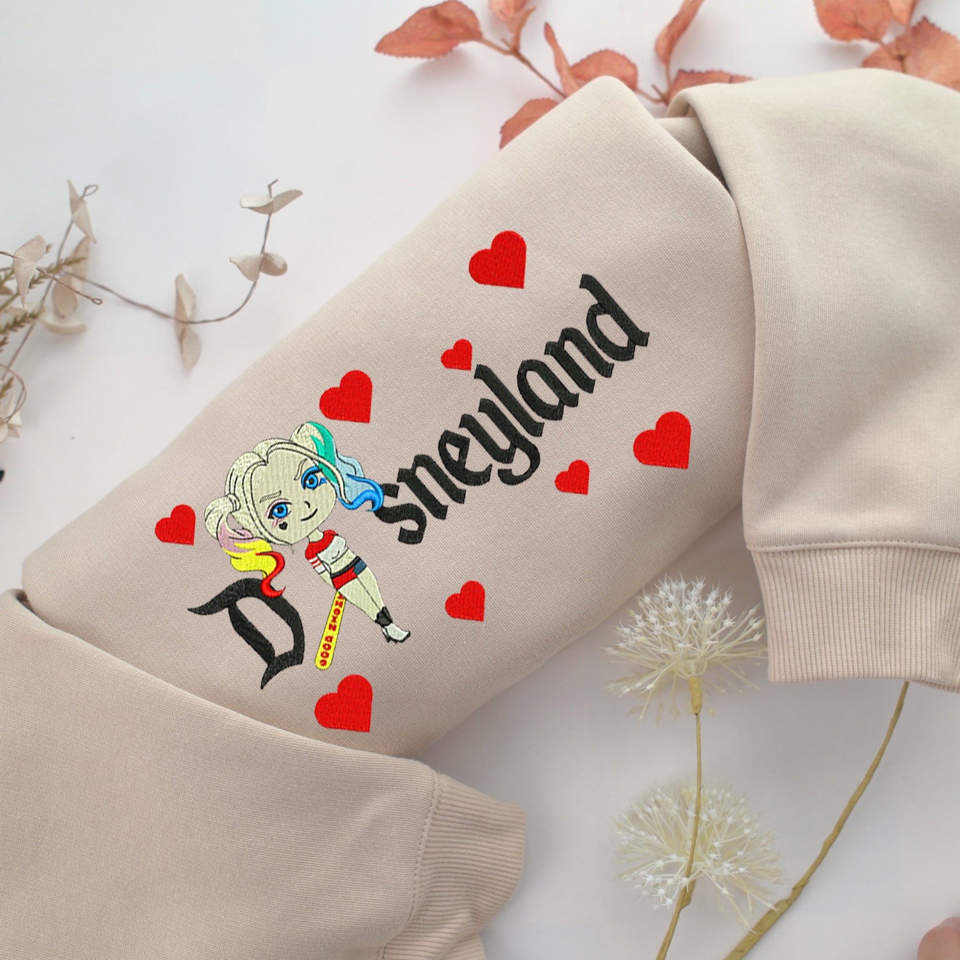 Chibi Harley Quinn Disneyland Embroidery, Disneyland Embroidered Sweatshirt, Movie Disney Inspired, Valentine's Day Gifts Idea For Him Her