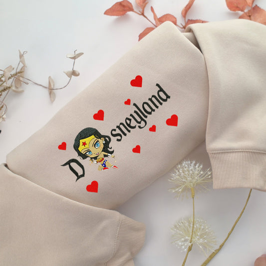 Chibi Wonder Woman Disneyland Embroidery, Disneyland Embroidered Sweatshirt, Movie Disney Inspired, Valentine's Day Gifts Idea For Him Her