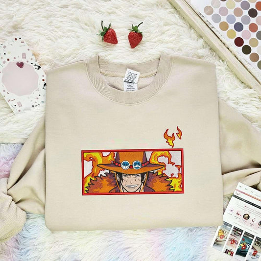 Ace On Fire One Piece Anime Embroidered Shirt