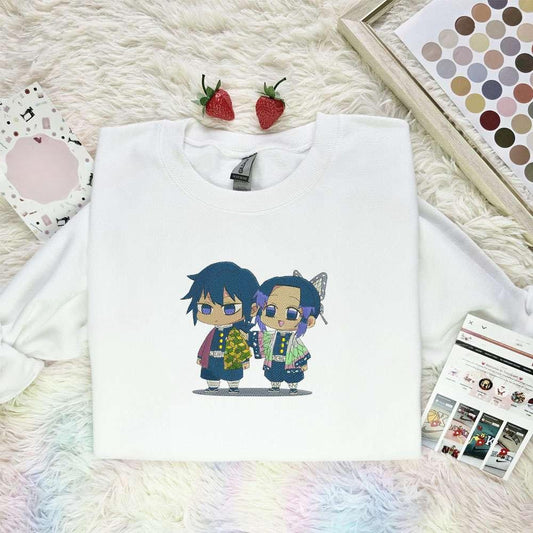 Giyu And Shinobu Chibi Embroidered Shirt Kimetsu No Yaiba Anime Embroidered Hoodie 1