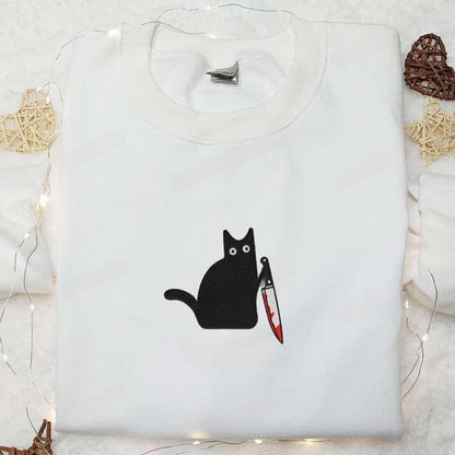 What Funny Black Cat With Knife Embroidered Shirt Halloween Embroidered Shirt