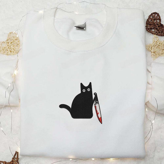 What Funny Black Cat With Knife Embroidered Shirt Halloween Embroidered Shirt