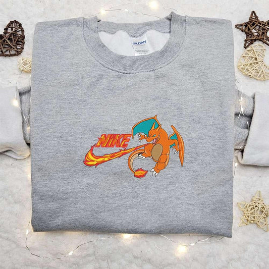 Charizard x Nike Anime Embroidered Hoodie Pokemon Embroidered Shirt Best Gift Ideas for Family