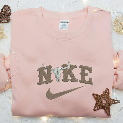 Bull Skull x Nike Swoosh Embroidered Shirt Nike Inspired Embroidered Hoodie Best Gifts For Family