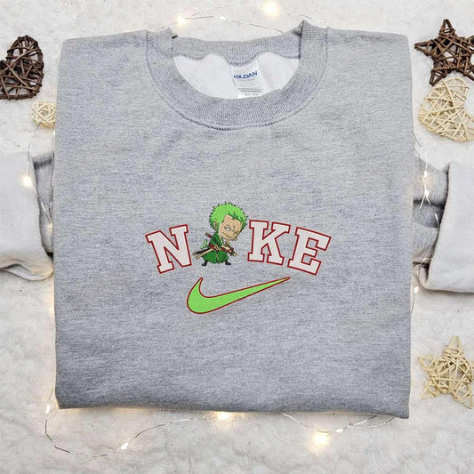 Chibi Roronoa Zoro x Nike Anime Embroidered Sweatshirt One Piece Embroidered Sweatshirt Nike Inspired Embroidered Hoodie