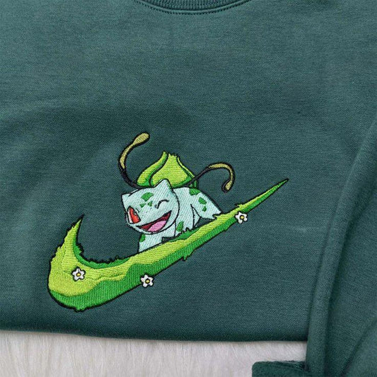 Bulbasaur Nike Embroidered Sweatshirt, Pokemon Embroidered Sweatshirt, Anime Custom Embroidered Shirt - Small Gifts Great Love