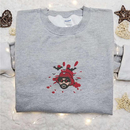 Bad Bunny Bloody Bats Embroidered Sweatshirt Celebrity Embroidered Hoodie Halloween Embroidered Shirt