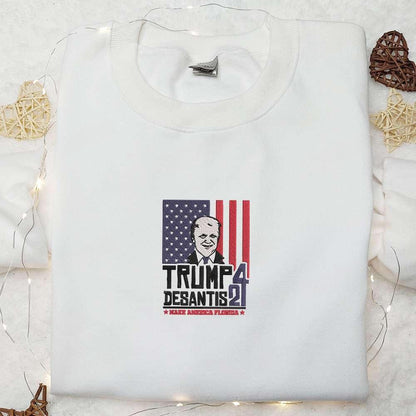US Flag Trump Make America Florida Desantis 24 Embroidered Hoodie Hot Political Topics Embroidered T shirt