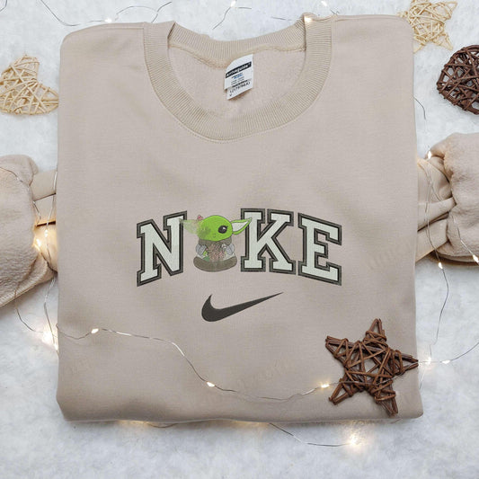 Baby Yoda Flower Nike Embroidered Shirt, Nike Embroidered Shirt, Movie Cartoon Star War Embroidered Shirt