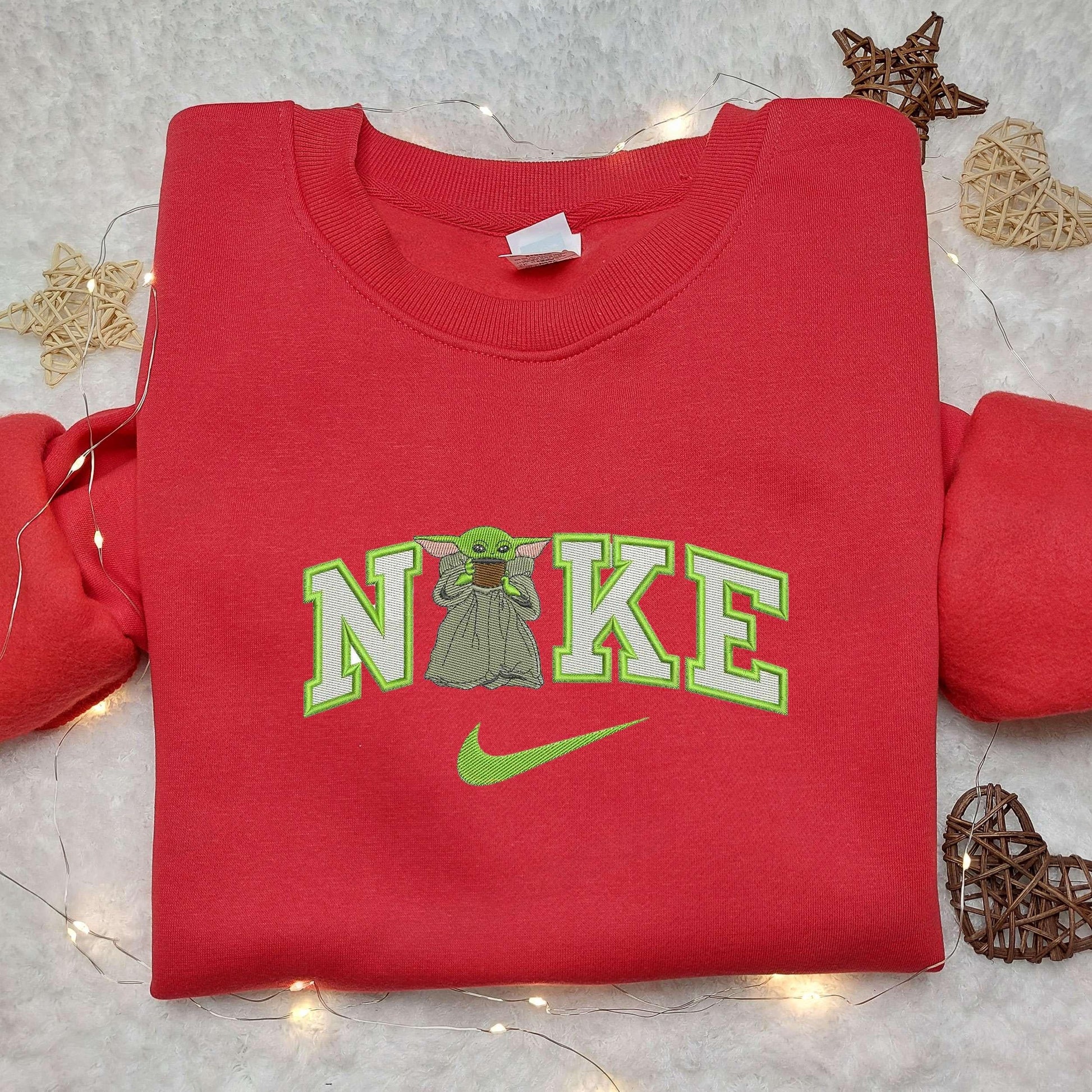Baby Yoda Women x Nike Swoosh Embroidered Shirt Nike Embroidered Shirt Cartoon Star War Embroidered Shirt