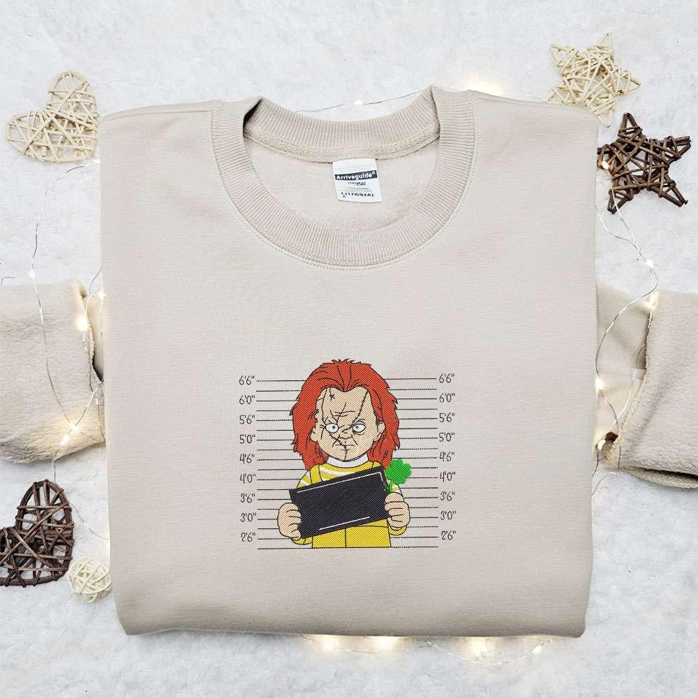 Chucky Lucky In Love Embroidered Shirt Saint Patricks Day Embroidered Hoodie Horror Movie Embroidered T Shirt