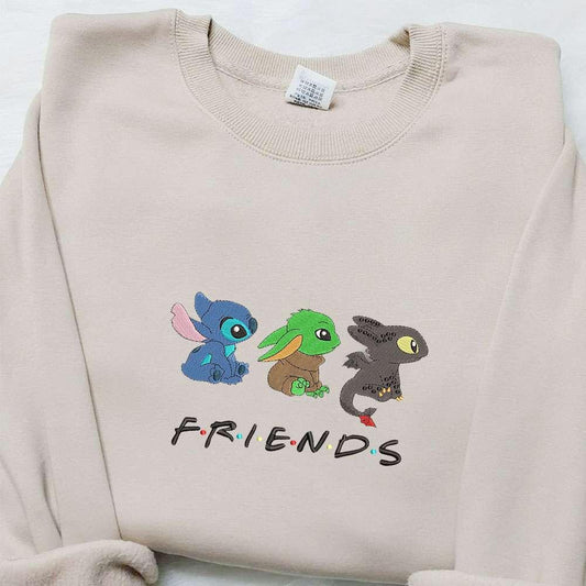 Stitch Baby Yoda And Toothless Friends Trio Embroidered Shirt Cartoon Embroidered Hoodie Best Gifts For Family