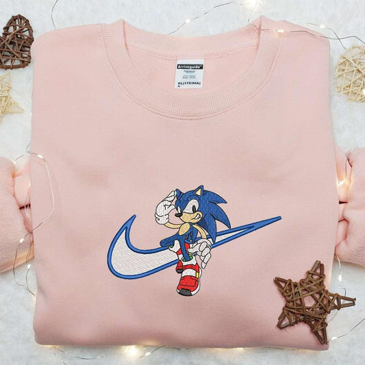Swoosh x Sonic Movie Embroidered Sweatshirt Best Gift for Family Embroidered Hoodie Custom Nike Embroidered T shirt