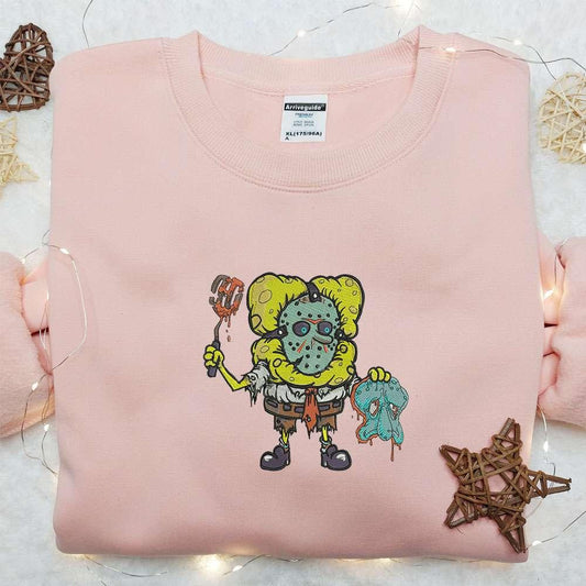 Spongebob Jason Voorhees Embroidered T shirt Cartoon Horror Movie Embroidered Hoodie Best Gift Ideas